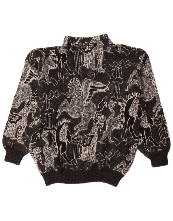 Vintage Womens Cardigan Sweater UK 18 XL Black Geometric Wool