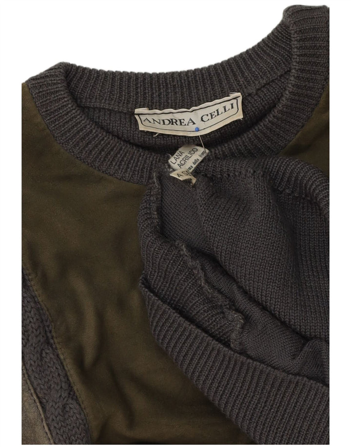 Andrea Celli Mens Crew Neck Jumper Sweater Large Grey Colourblock Wool