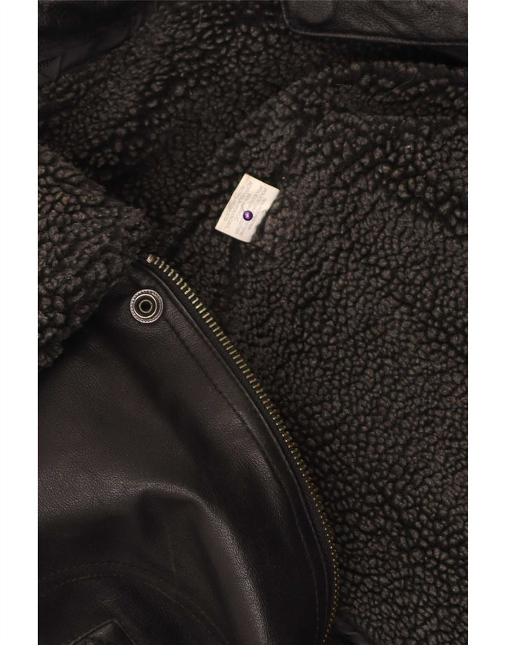 Vintage Mens Faux Leather Bomber Jacket UK 40 Large Black Polyester