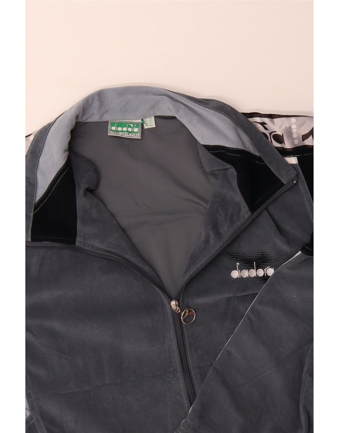 DIADORA Mens Graphic Velour Tracksuit Top Jacket UK 46 XL Grey Colourblock