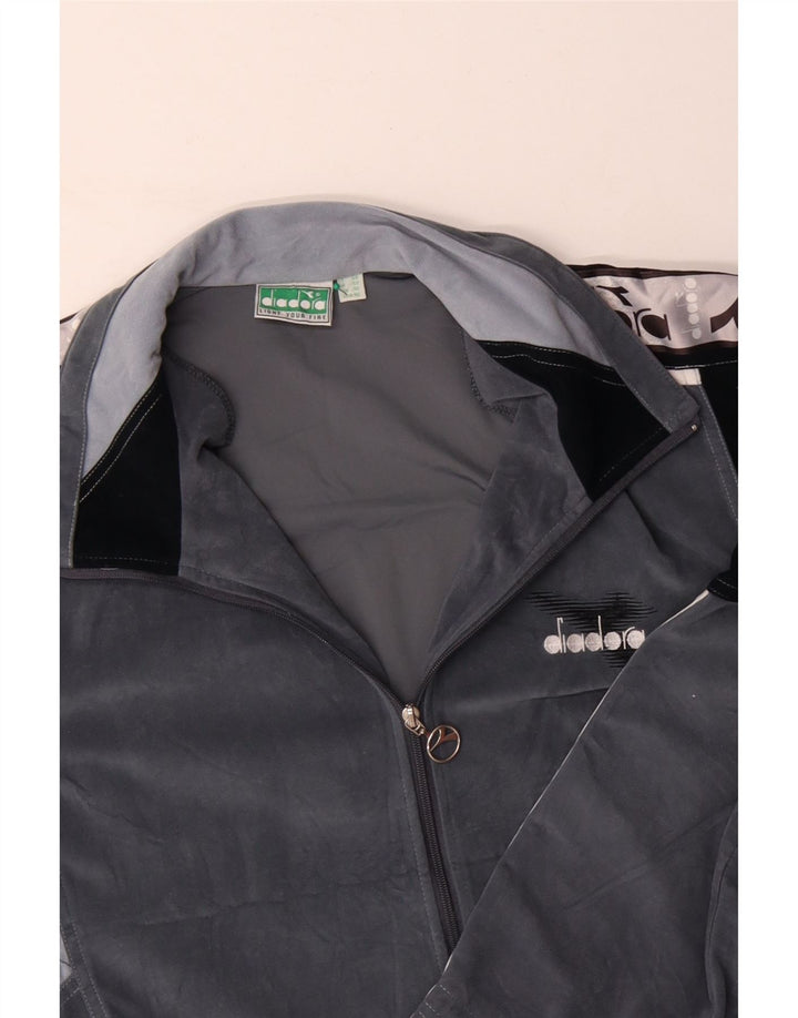 DIADORA Mens Graphic Velour Tracksuit Top Jacket UK 46 XL Grey Colourblock