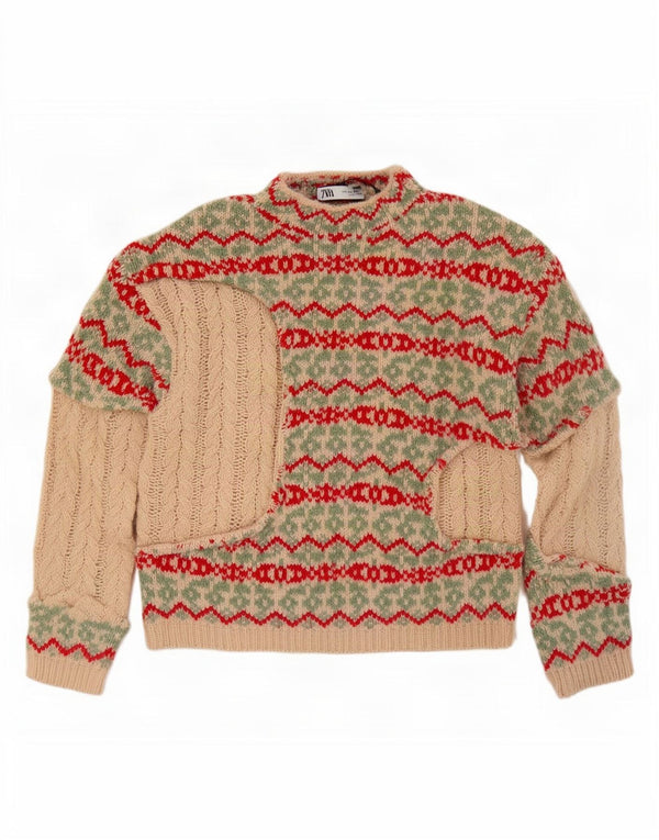 Zara Womens Turtle Neck Jumper Sweater UK 10 Small Beige Fair Isle