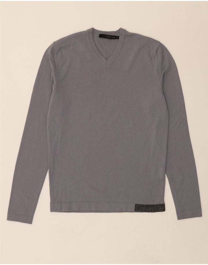 CALVIN KLEIN JEANS Mens V-Neck Jumper Sweater Medium Grey Acrylic Vintage Calvin Klein Jeans and Second-Hand Calvin Klein Jeans from Messina Hembry 