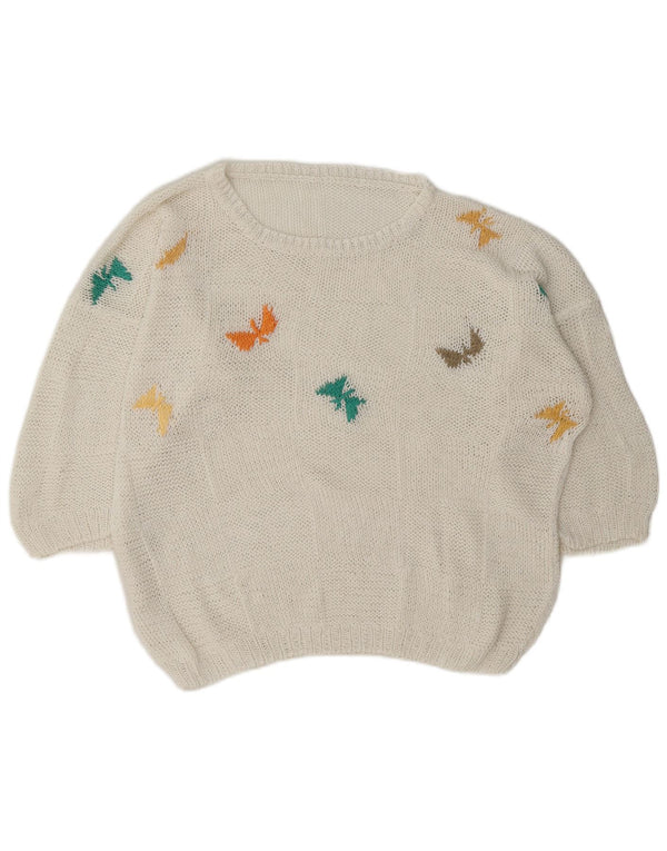 Vintage Womens Graphic Boat Neck Jumper Sweater UK 18 XL White Butterfly