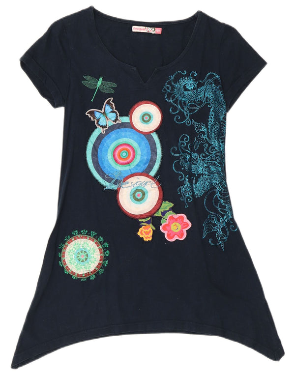 DESIGUAL Girls Graphic Asymmetric Tunic Top 13-14 Years Navy Blue Floral