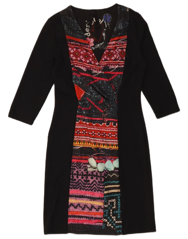 DESIGUAL Womens 3/4 Sleeve Sheath Dress UK 10 Small Black Geometric