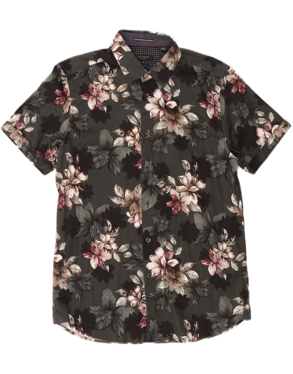 Ted Baker Mens Short Sleeve Shirt Size 3 Medium Green Floral Cotton
