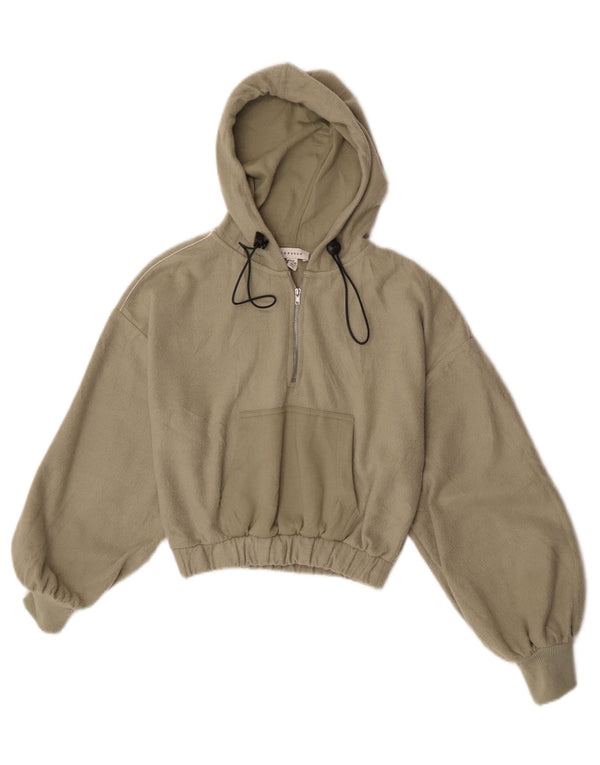Topshop Womens Crop Hooded Zip Neck Fleece Jumper UK 6 XS Khaki Polyester
