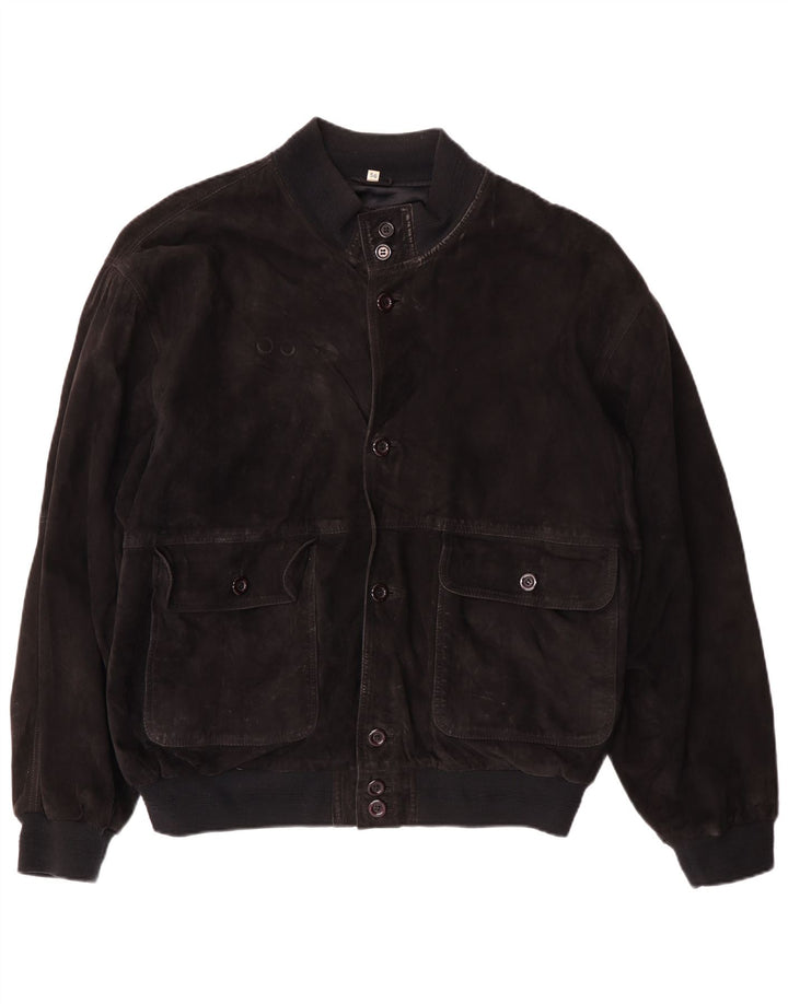 VINTAGE Mens Suede Bomber Jacket IT 56 3XL Black Leather