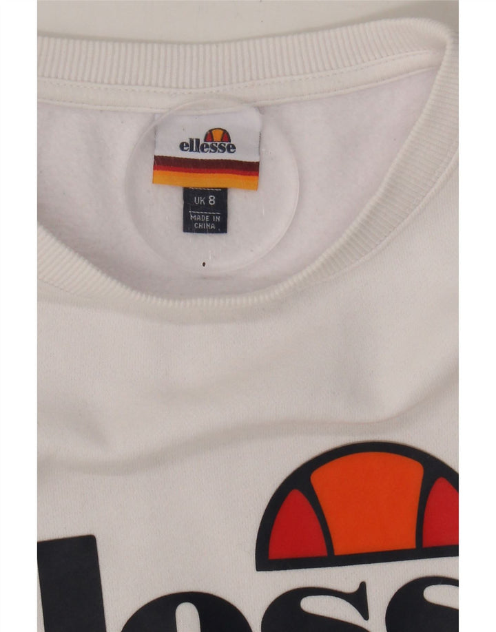 ELLESSE Womens Graphic Oversized Sweatshirt Jumper UK 8 Small White Cotton Vintage Ellesse and Second-Hand Ellesse from Messina Hembry 