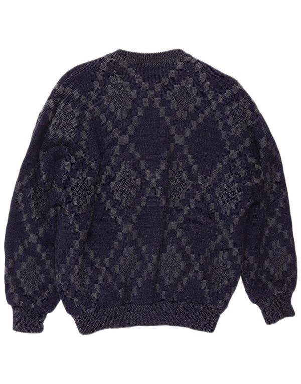 VINTAGE Mens Cardigan Sweater Large Navy Blue Geometric Viscose