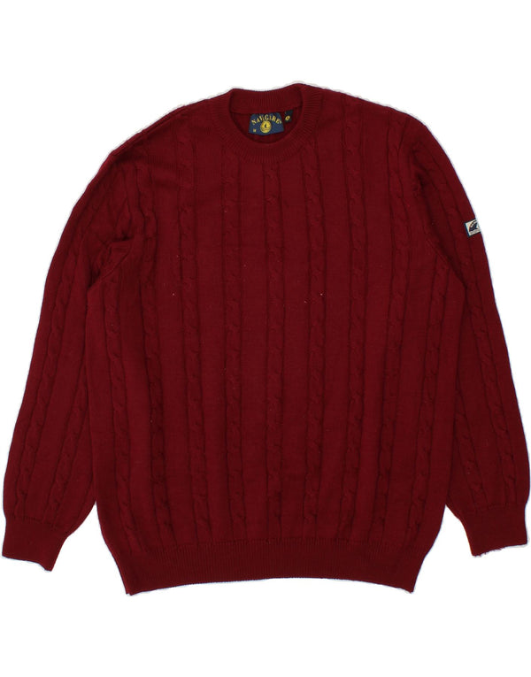 NAVIGARE Mens Crew Neck Jumper Sweater Medium Burgundy Merino Wool