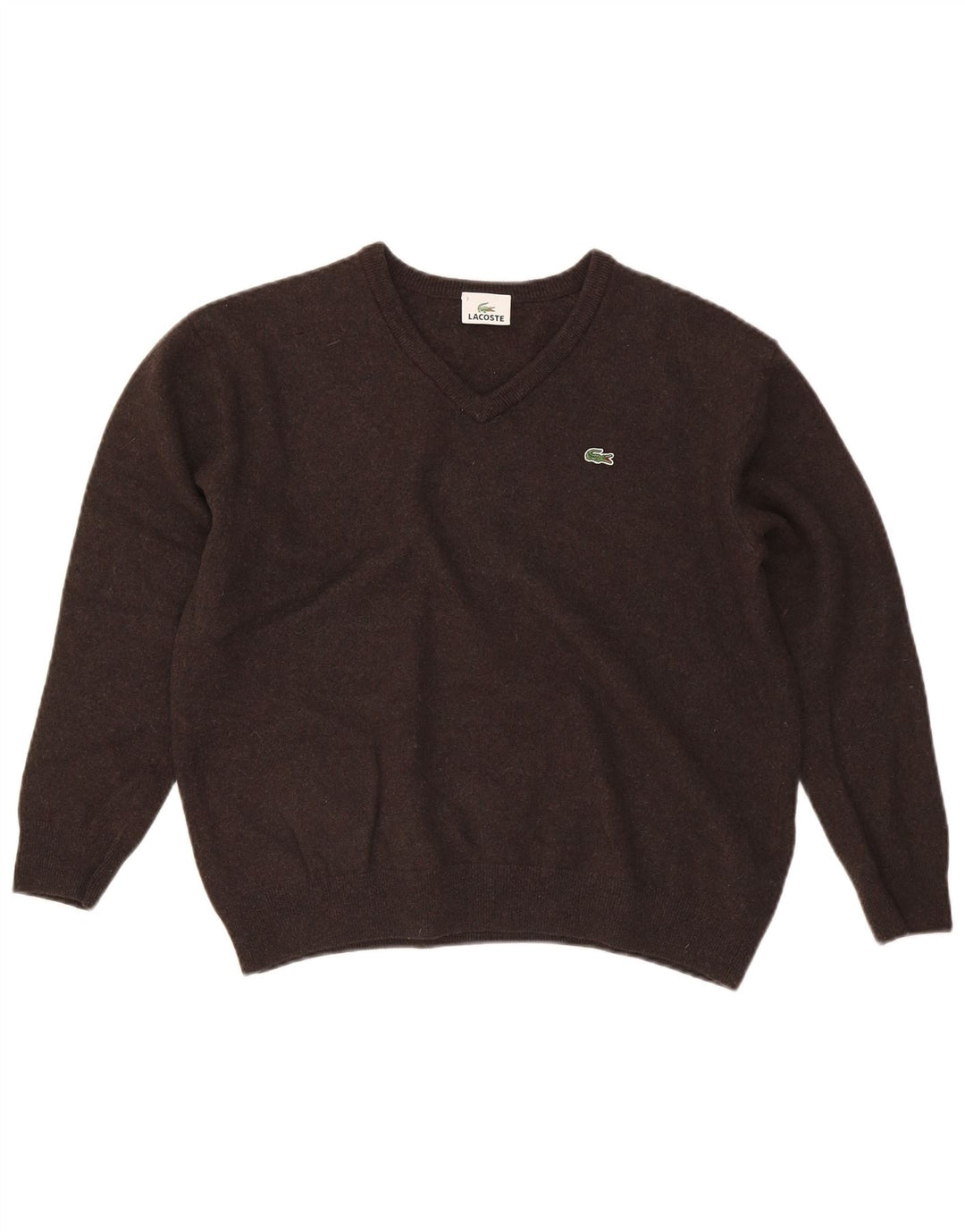 Lacoste Mens V-Neck Jumper Sweater Size 7 2XL Brown Wool