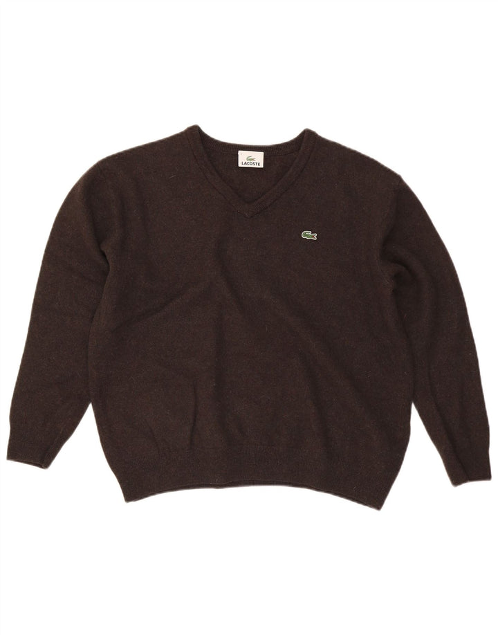 Lacoste Mens V-Neck Jumper Sweater Size 7 2XL Brown Wool