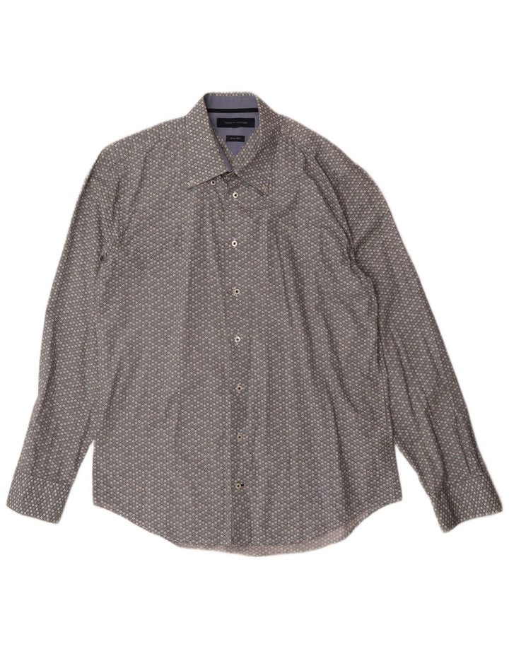 TOMMY HILFIGER Mens Shirt Large Grey Spotted Cotton