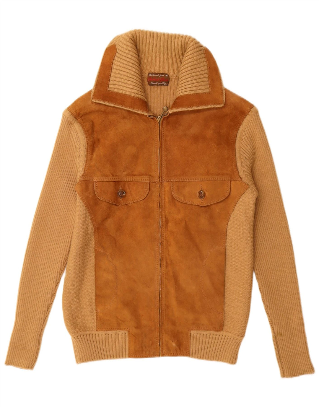 VINTAGE Womens Suede Cardigan Sweater UK 12 Medium Beige Colourblock