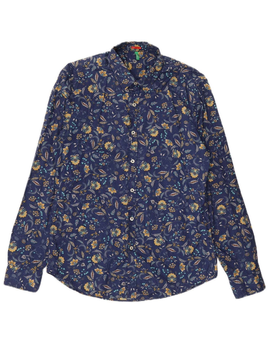 BENETTON Mens Slim Shirt Medium Navy Blue Floral