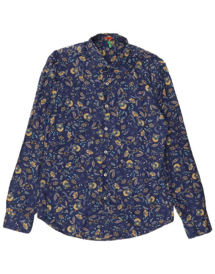 BENETTON Mens Slim Shirt Medium Navy Blue Floral