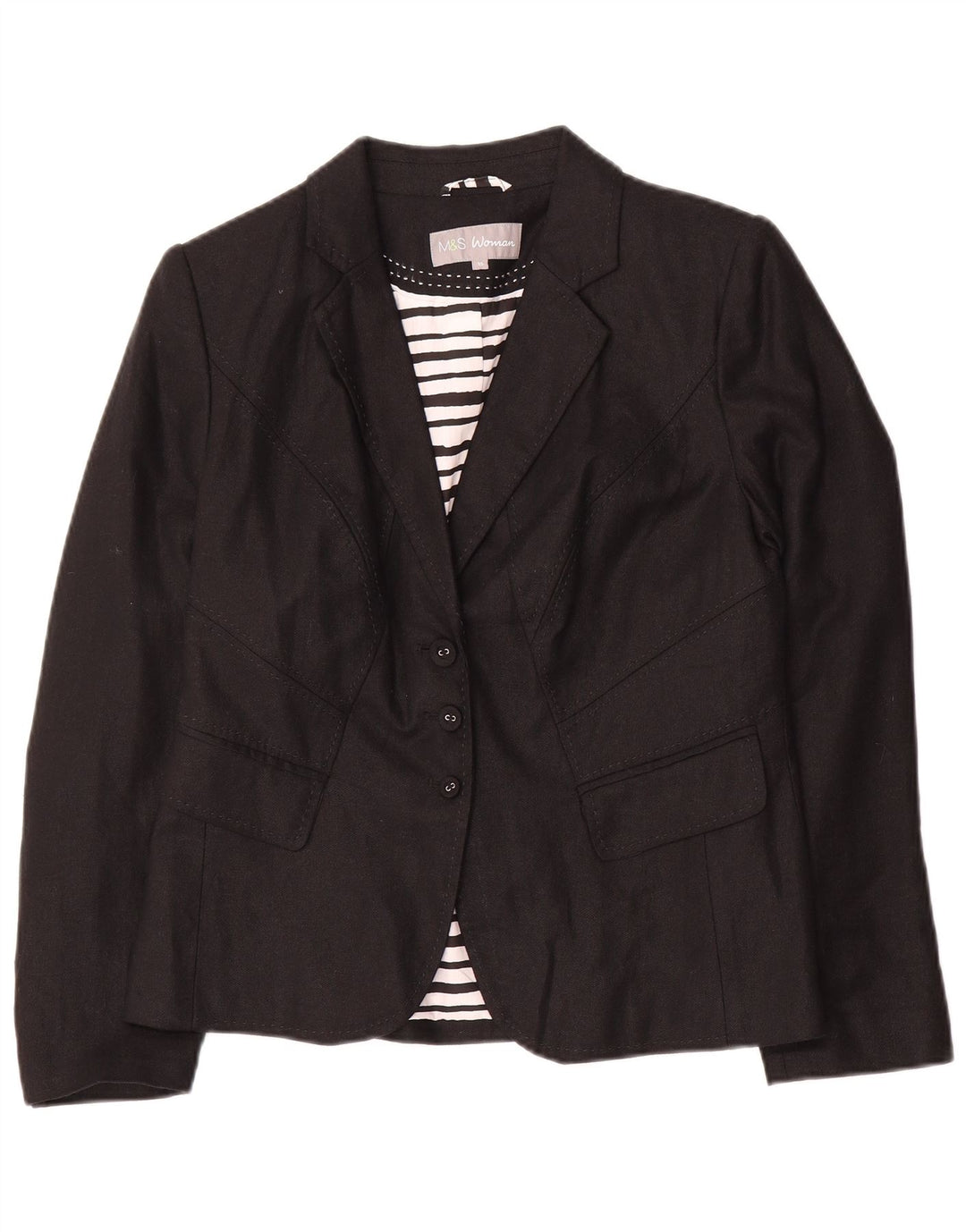 Marks & Spencer Womens 3 Button Blazer Jacket UK 14 Medium Black Linen