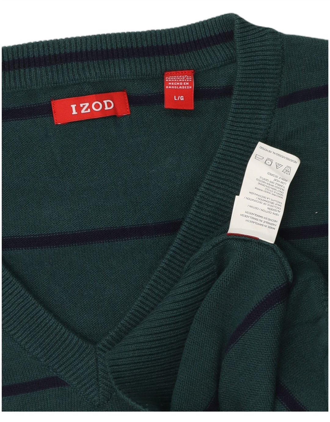 IZOD Mens V-Neck Jumper Sweater Large Green Striped Cotton