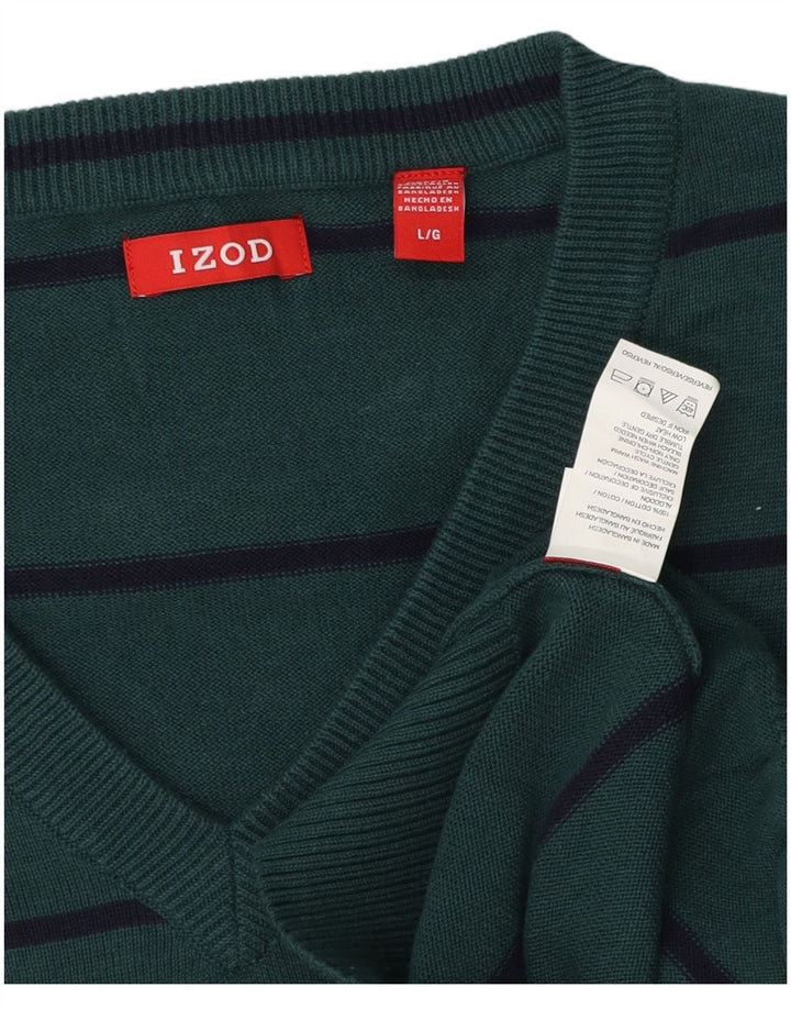 IZOD Mens V-Neck Jumper Sweater Large Green Striped Cotton