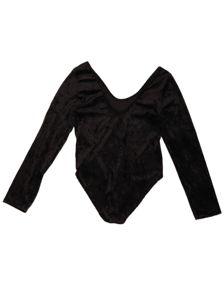 VINTAGE Womens Velour Long Sleeve Bodysuit UK 10 Small Black Polyester