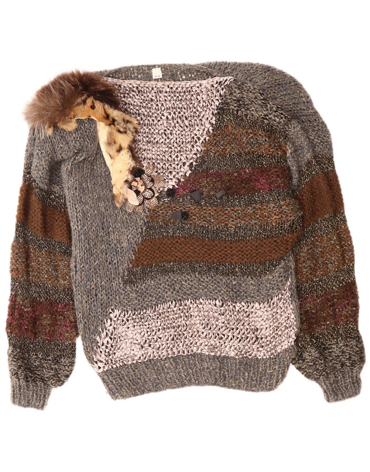 VINTAGE Womens Boat Neck Jumper Sweater EU 40/42 Medium Grey Colourblock