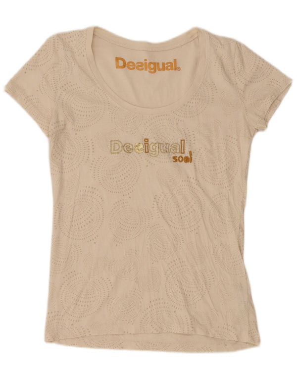 DESIGUAL Womens Graphic T-Shirt Top UK 14 Large Beige Spotted Cotton