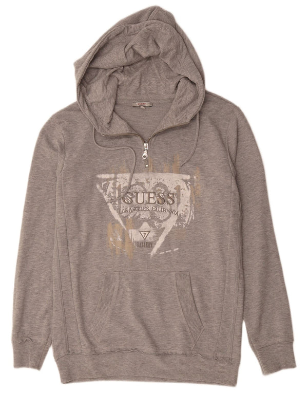Guess Womens Longline Graphic Zip Neck Hoodie Jumper UK 14 Medium Grey
