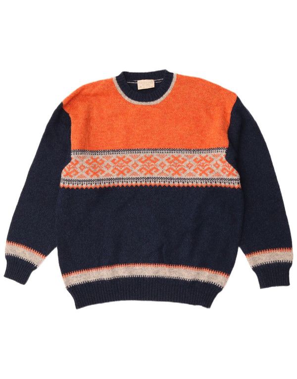 Vintage Mens Crew Neck Jumper Sweater Large Navy Blue Colourblock Wool