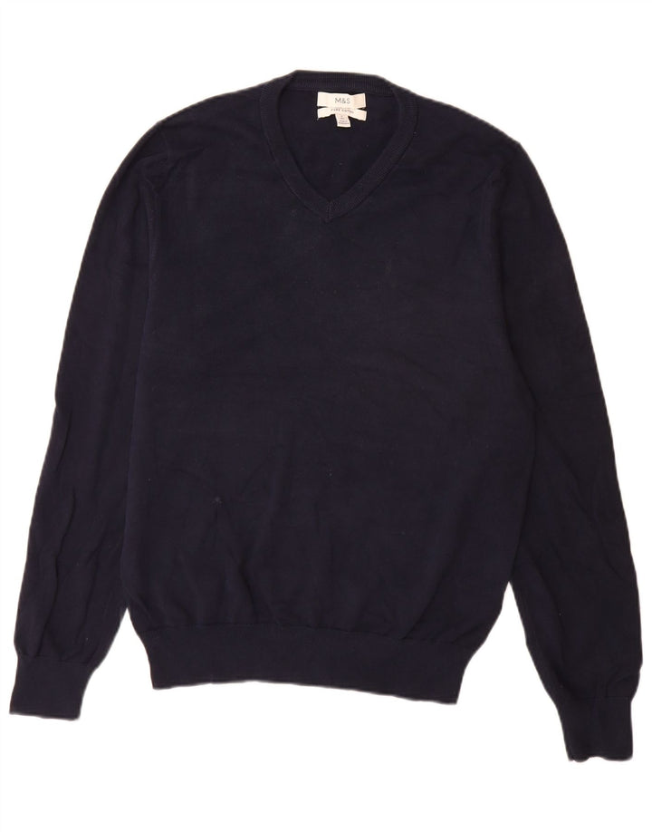 Marks & Spencer Mens V-Neck Jumper Sweater Small Navy Blue Cotton