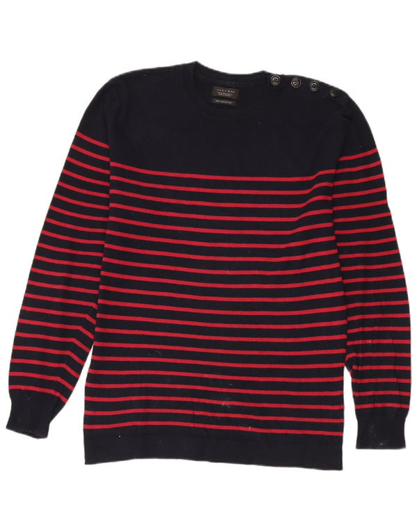 Zara Mens Crew Neck Jumper Sweater Medium Navy Blue Striped Cotton