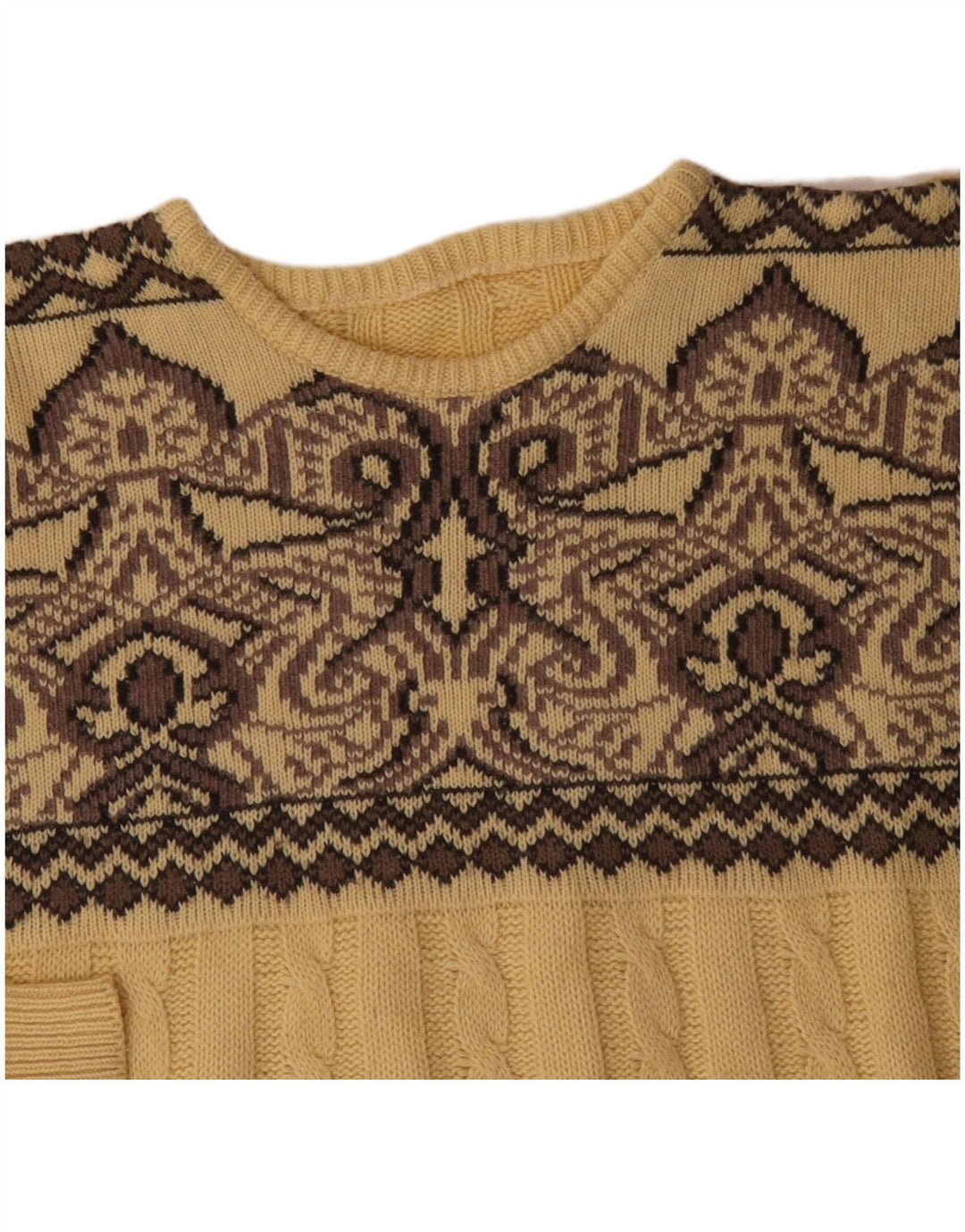 VINTAGE Mens Crew Neck Jumper Sweater Large Yellow Fair Isle Wool