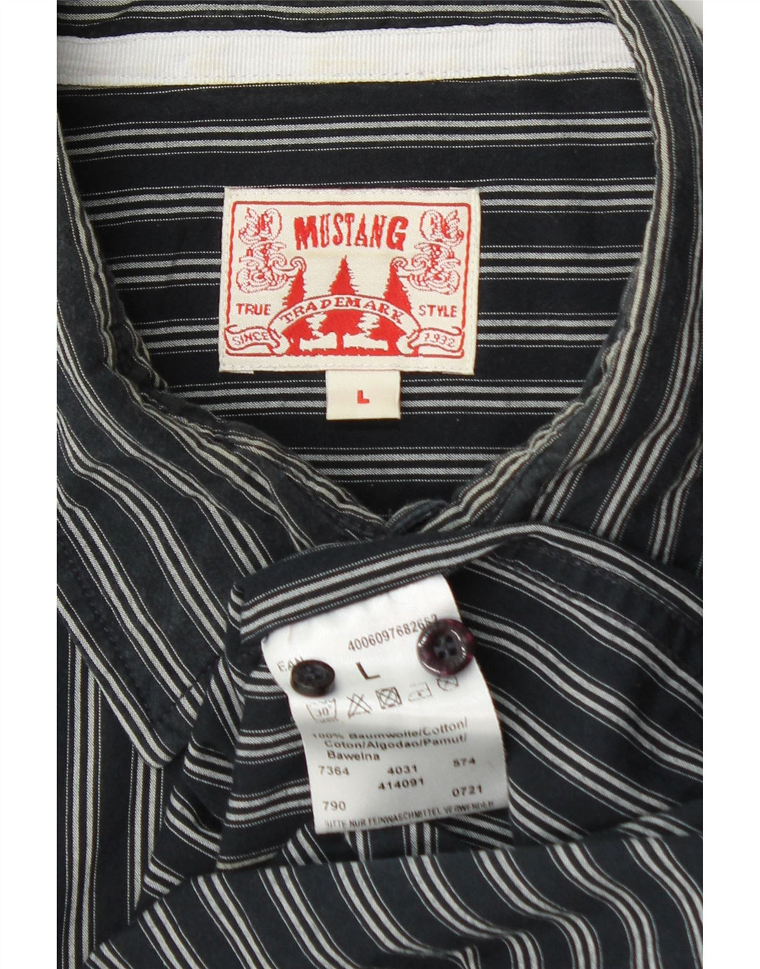 MUSTANG Mens Shirt Large Black Striped Cotton