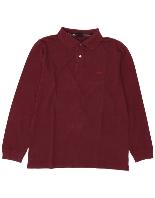 Trussardi Jeans Mens Long Sleeve Polo Shirt Large Burgundy Cotton
