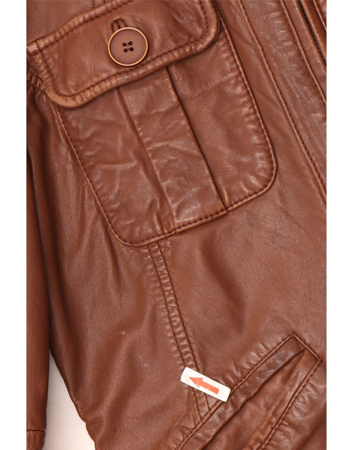 BENETTON Womens Military Leather Jacket IT 44 Medium Brown Leather