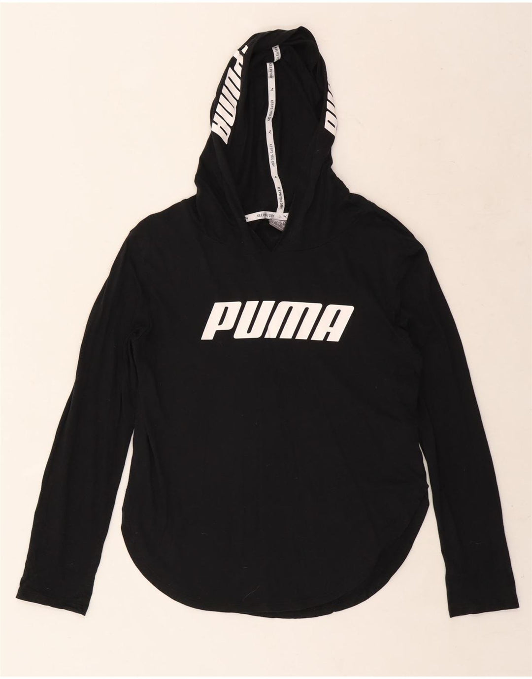 PUMA Womens Hooded Graphic Top Long Sleeve UK 10 Small Black Cotton