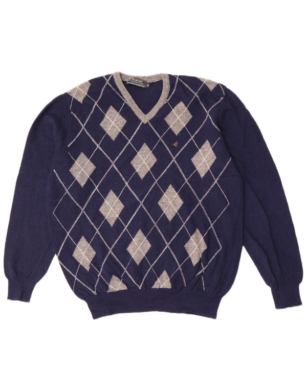 Brooksfield Mens V-Neck Jumper Sweater IT 56 XL Navy Blue Argyle/Diamond