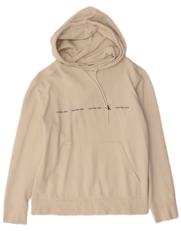 Calvin Klein Jeans Mens Graphic Hoodie Jumper Medium Beige Cotton