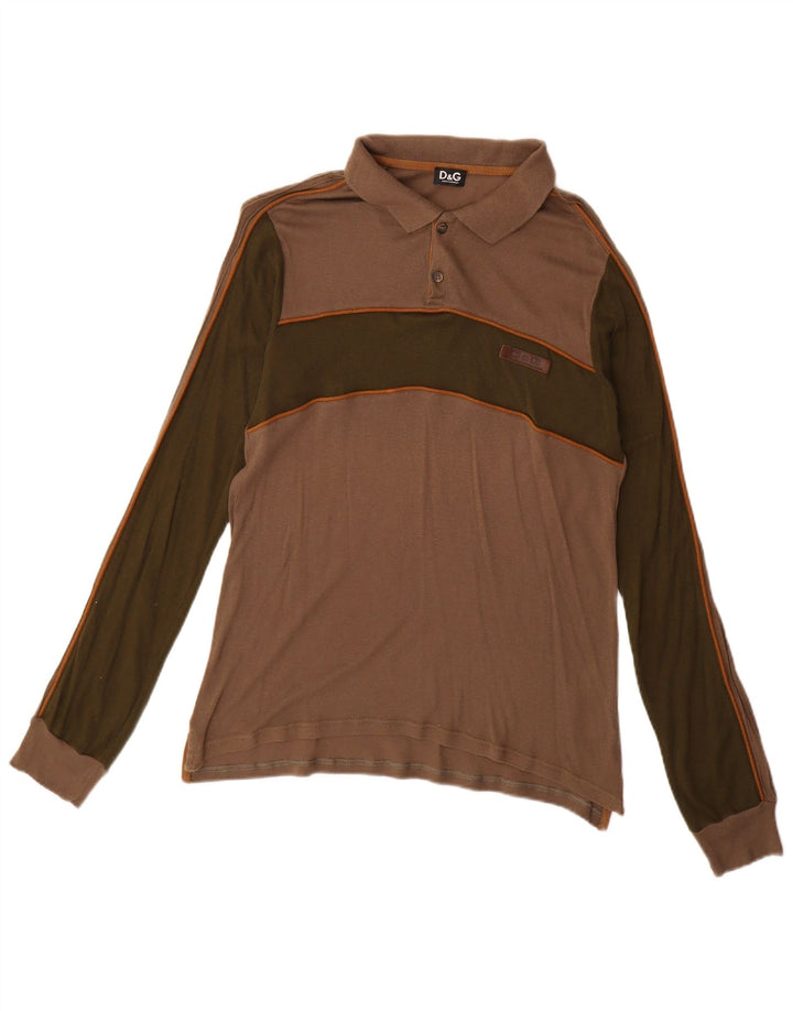 DOLCE & GABBANA Mens Long Sleeve Polo Shirt Medium Brown Colourblock