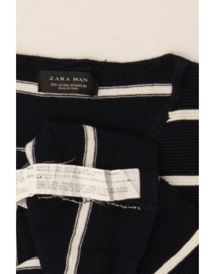 ZARA Mens Crew Neck Jumper Sweater Medium Navy Blue Striped Cotton