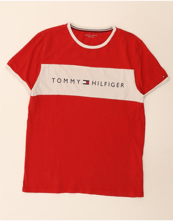 Tommy Hilfiger Mens Graphic T-Shirt Top Large Red Colourblock Cotton
