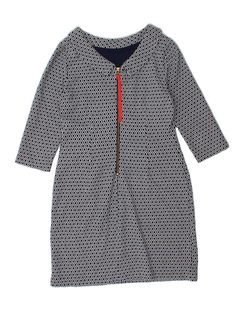 BODEN Womens 3/4 Sleeve Zip Neck Sheath Dress UK 12 Medium Blue Geometric Vintage Boden and Second-Hand Boden from Messina Hembry 