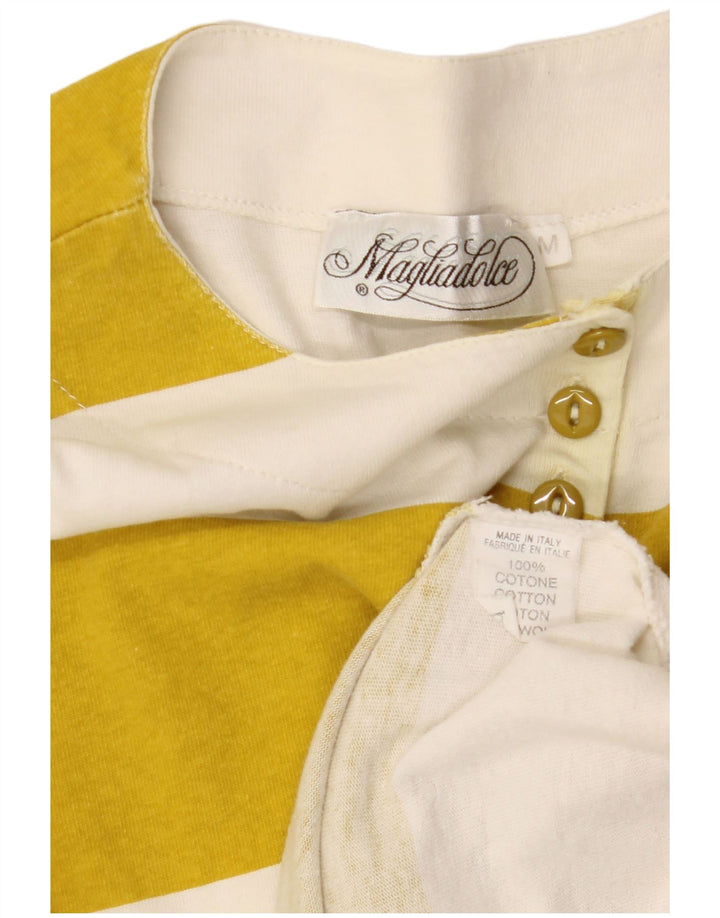 VINTAGE Womens Graphic Top Long Sleeve UK 14 Medium Yellow Striped Cotton