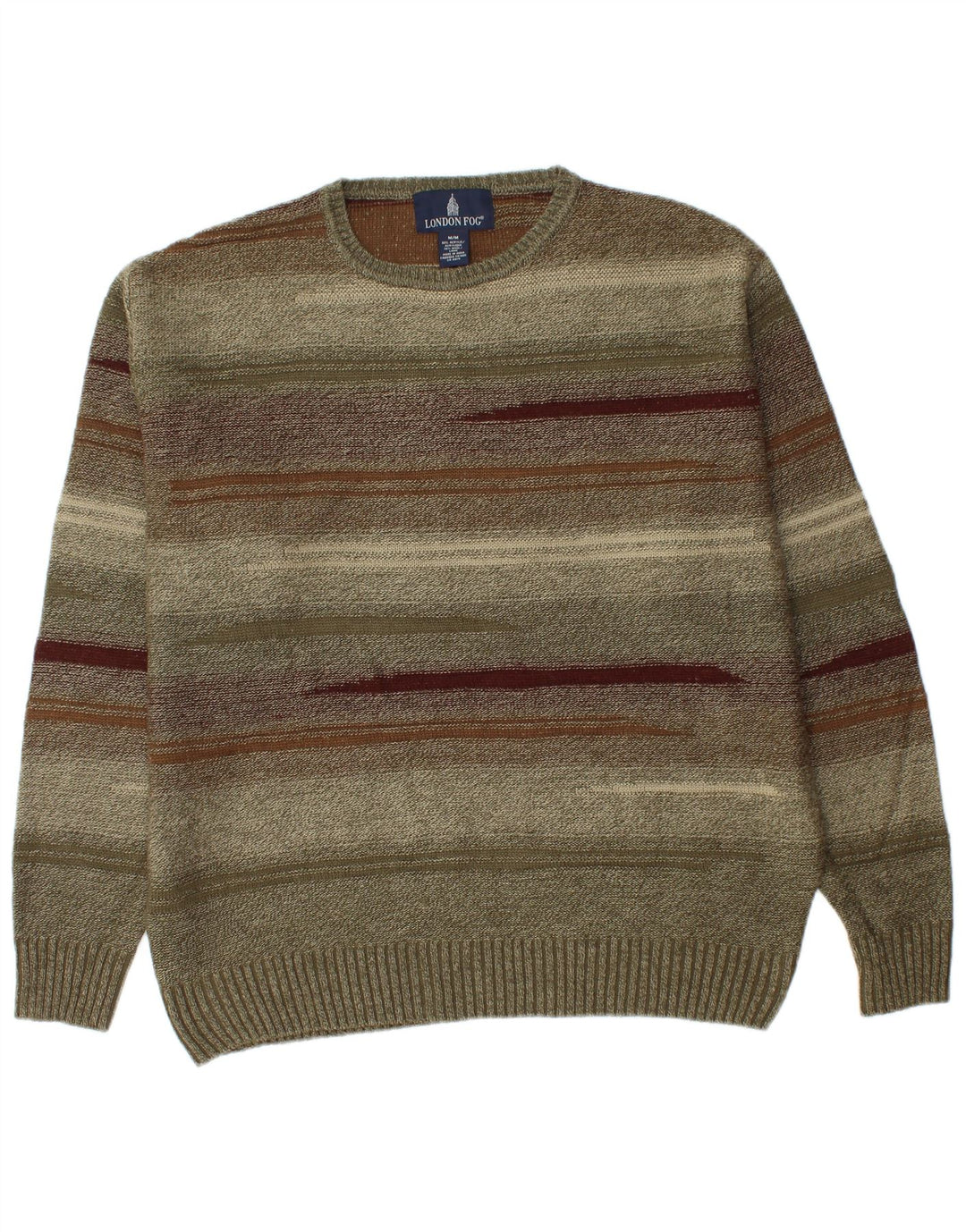 LONDON FOG Mens Crew Neck Jumper Sweater Medium Khaki Striped Acrylic