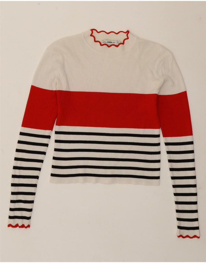 Zara Womens Crop Top Long Sleeve UK 12 Medium White Striped