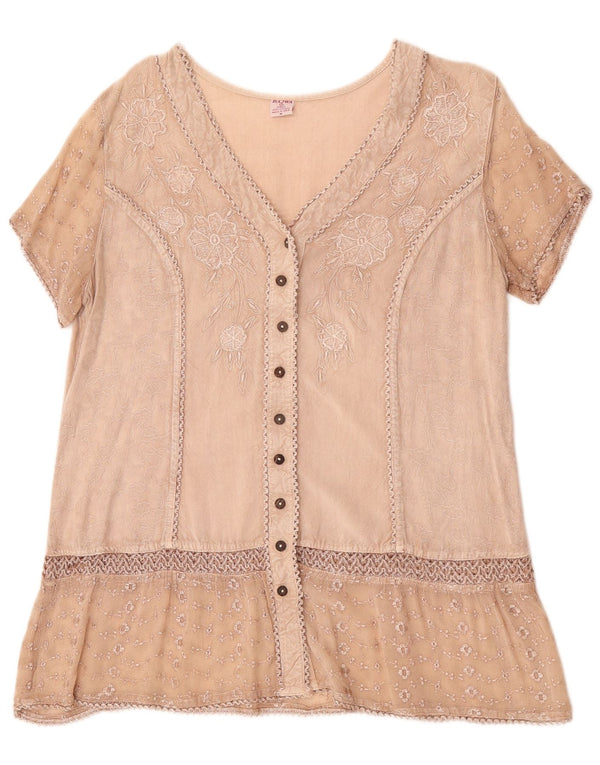 Vintage Womens Short Sleeve Shirt Blouse UK 14 Medium Beige Floral Viscose