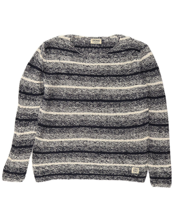 Jack & Jones Mens Boat Neck Jumper Sweater XL Navy Blue Striped Cotton