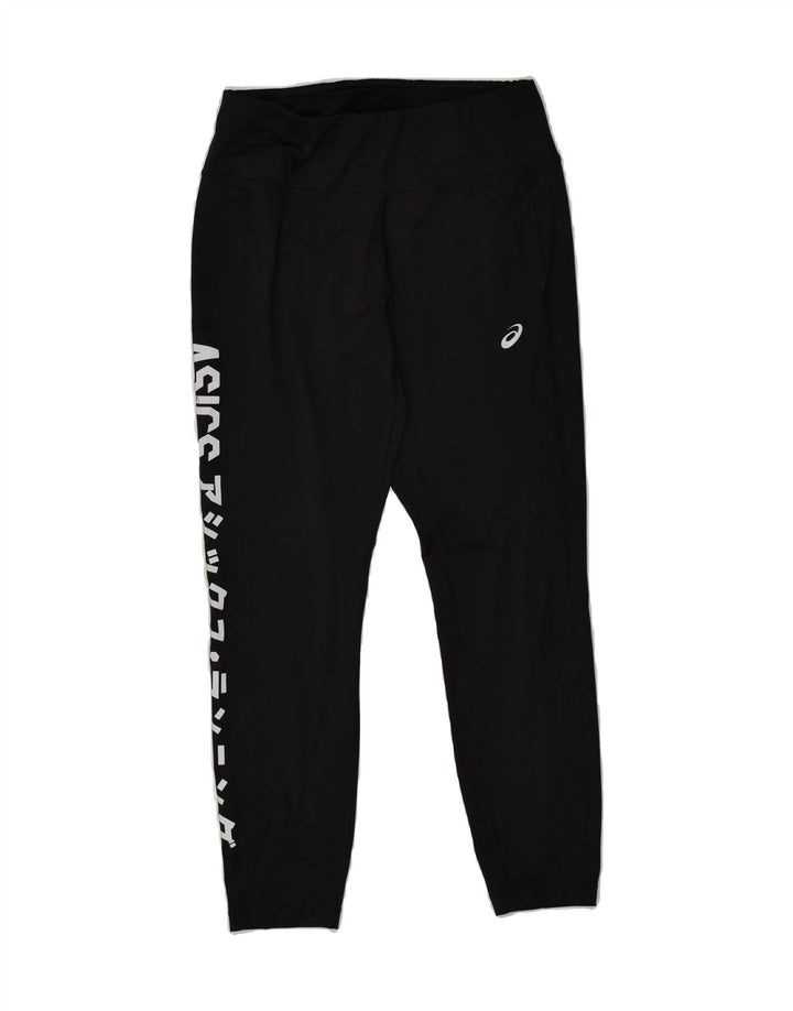 ASICS Womens Graphic Tracksuit Trousers UK 10 Small Black Polyester | Vintage Asics | Thrift | Second-Hand Asics | Used Clothing | Messina Hembry 