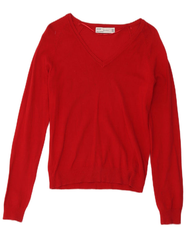Zara Womens V-Neck Jumper Sweater UK 12 Medium Red Cotton